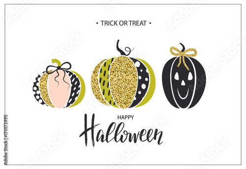 Happy Halloween. Poster with cute glamorous sparkling pumpkin. Vector illustration. Design for greeting cards, invitation, banners, ads, coupons, promotional material.