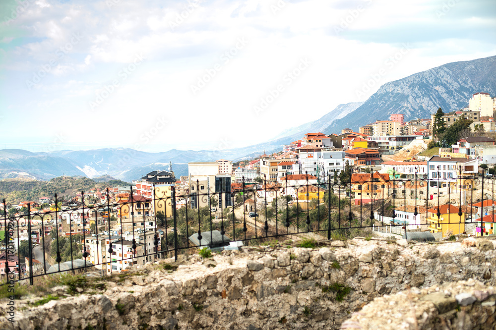 Kruja, small historical town in central Albania, buildings situated on top of a hill. 