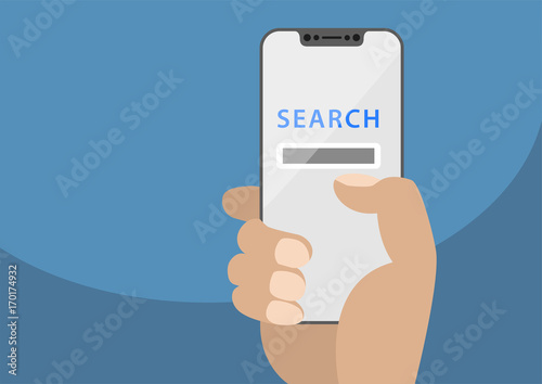 Search app displayed on frameless touchscreen. Vector illustration of hand holding modern bezel-free smartphone in front of blue background.