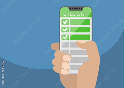 Hand holding bezel-free smartphone with green checklist as concept for mobile and online todo lists. Vector illustration with frameless touchscreen in front of blue background.