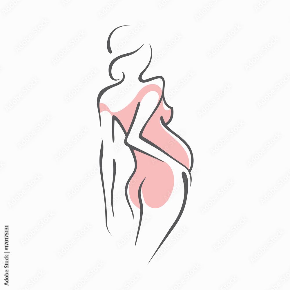 Drawing linear beautiful pregnant girl in pink clothes. Birth of a child. Vector graphic illustration of draw silhouettes for design. Drawing linear beautiful pregnant girl in pink clothes. Birth of a child. Vector graphic illustration of draw silhouettes for design.