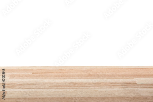 Empty light wood table top isolated on a white background. Space for your background placement or products.