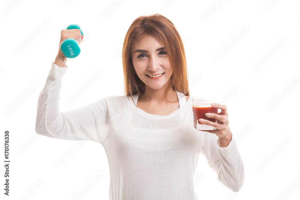Healthy Asian woman with dumbbell and tomato juice. Healthy Asian woman with dumbbell and tomato juice.