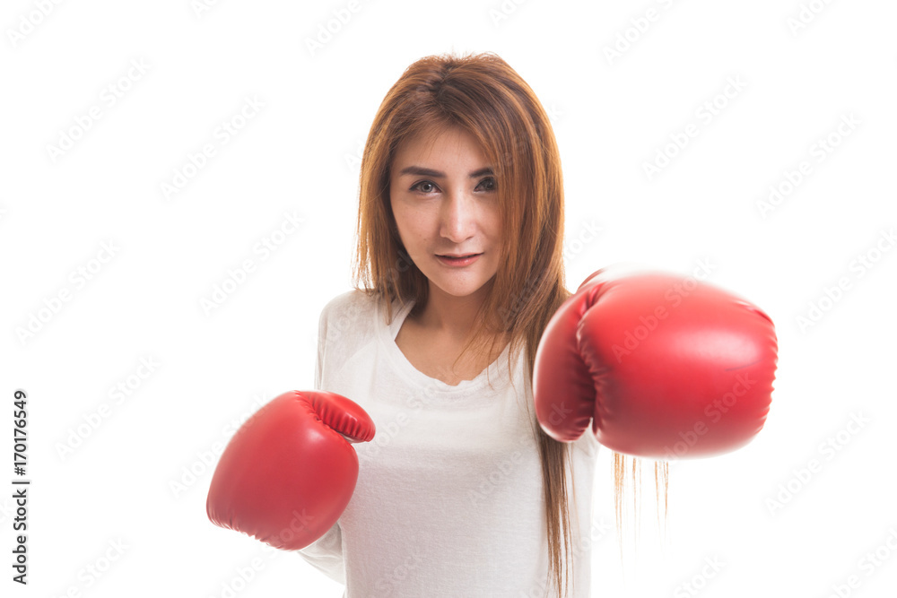 Young Asian woman with red boxing gloves. Young Asian woman with red boxing gloves.