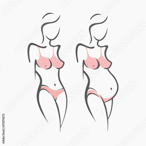 Set of drawing linear beautiful pregnant girl in dark, pink, clothes, nude figure. Birth of a child. Vector graphic illustration, draw silhouettes for design