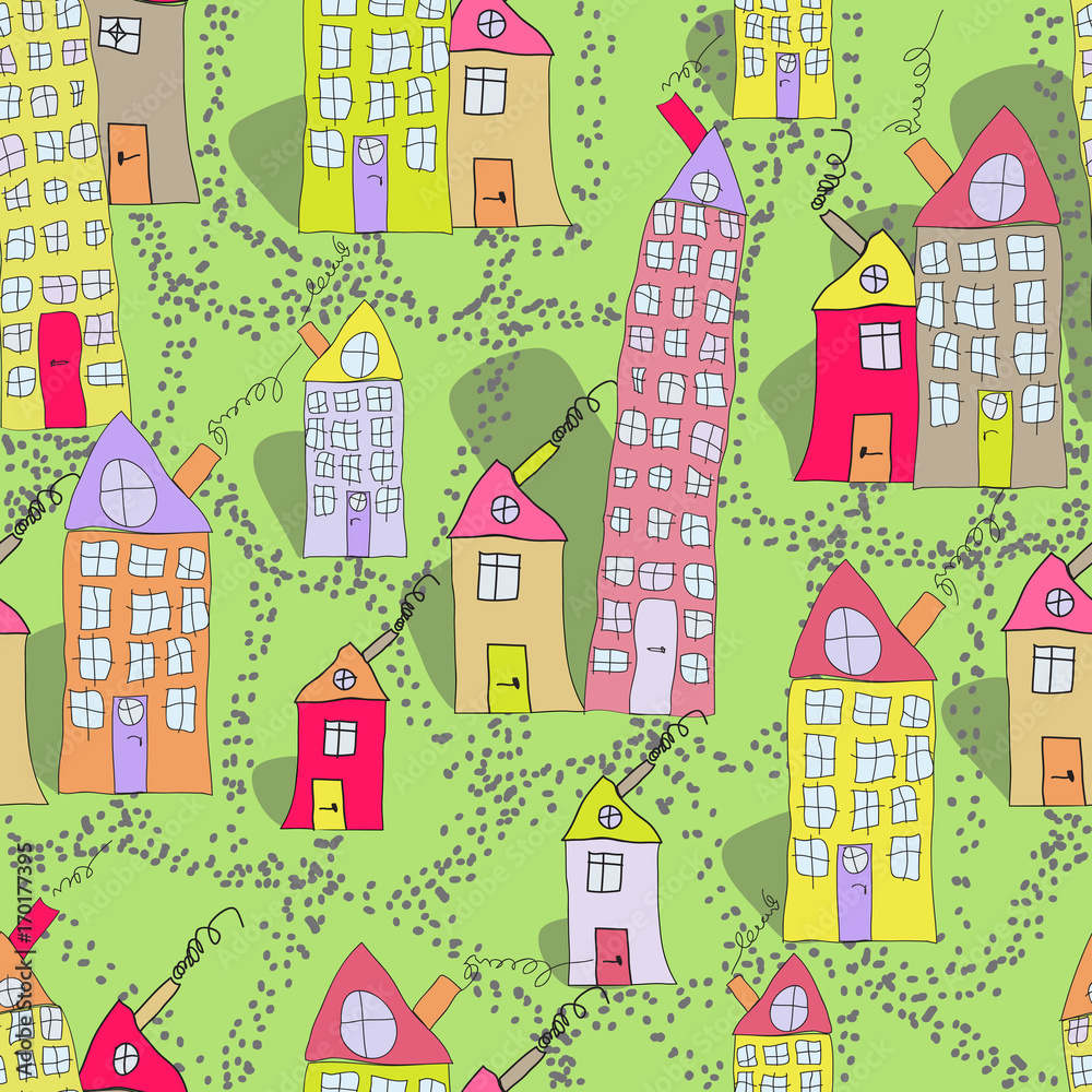 Seamless pattern of hand drawn houses in spring town