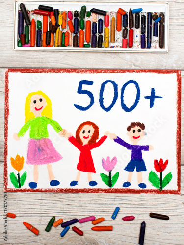 kolorowy rysunek przedstawiający matkę z dziećmi - program wsparcia dla rodzin PIĘĆSET PLUS, 500+