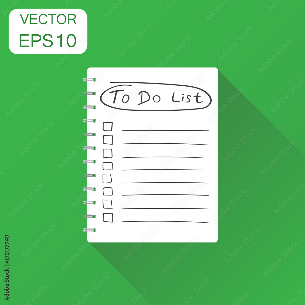 Realistic notepad with spiral icon. Business concept to do list icon with hand drawn text pictogram. Vector illustration on green background with long shadow. Realistic notepad with spiral icon. Business concept to do list icon with hand drawn text pictogram. Vector illustration on green background with long shadow.