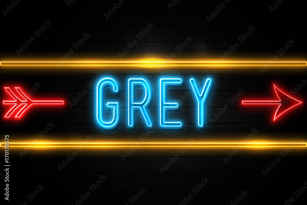 Grey  - fluorescent Neon Sign on brickwall Front view