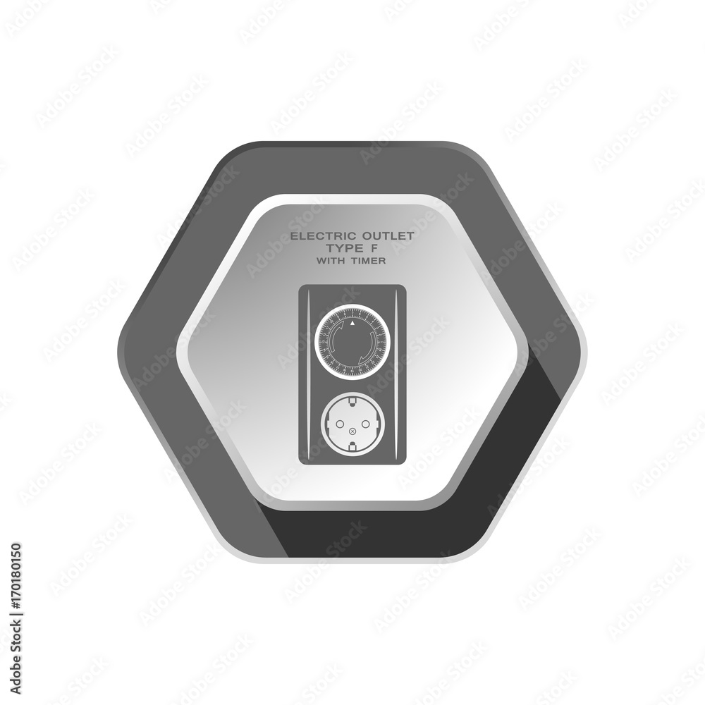 Electric outlet with mechanical timer type F with ring switch dark gray silhouette vector icon with shadow on the hexagon background.