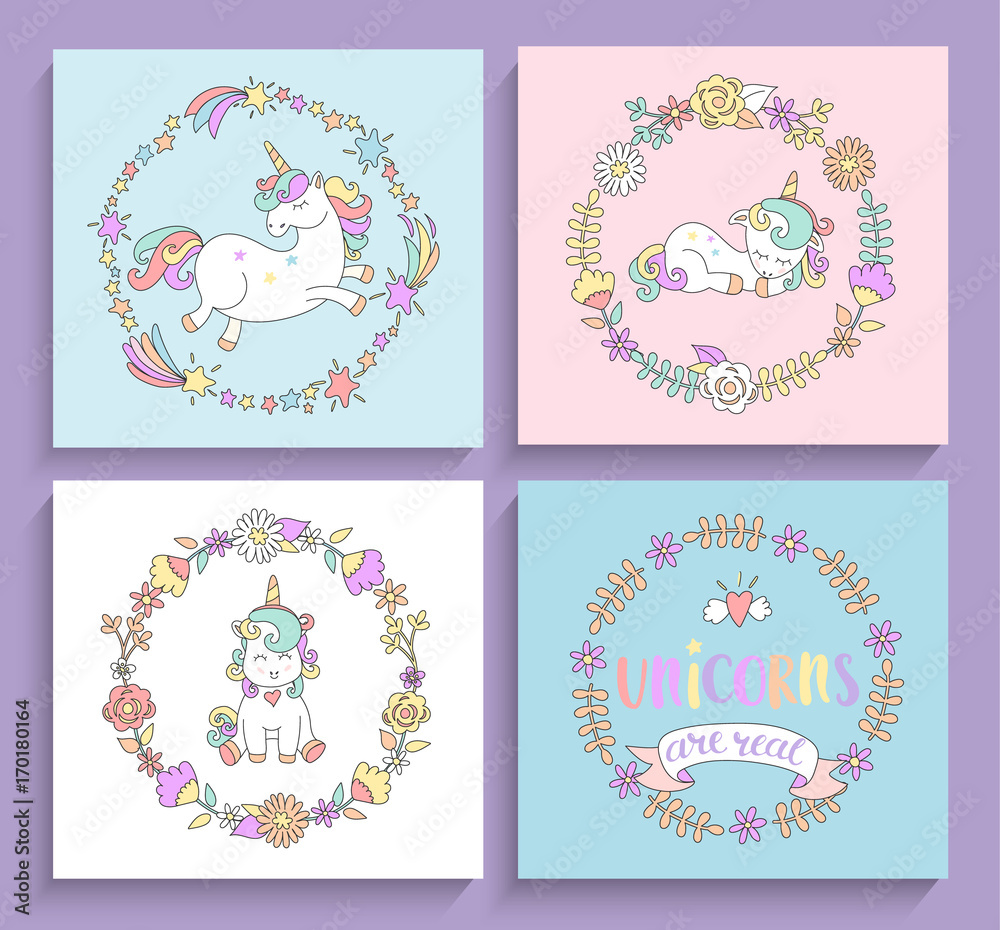 Set of magical unicorns cards with circle frames.