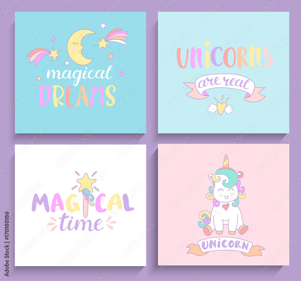 Set of magical unicorns cards.