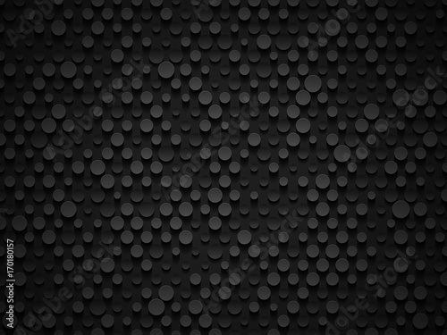 Abstract industrial realistic embossing volume cylinder texture, depressed circles black background, 3d geometric pattern. Round dot cyber backdrop. Digital futuristic techno vector wallpaper