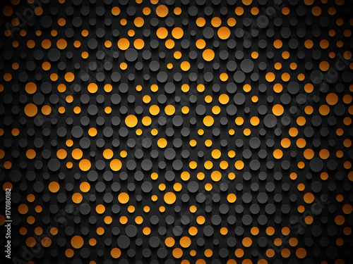Abstract industrial realistic embossing volume cylinder texture, depressed circles black background, 3d geometric pattern. Round orange dot cyber backdrop. Digital futuristic techno vector wallpaper