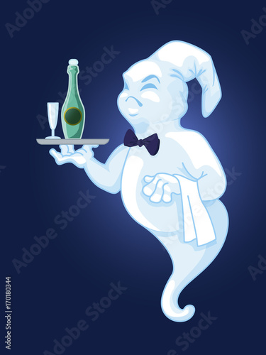 Ghost of a waiter with a tray with a bottle of wine and a glass. Vector