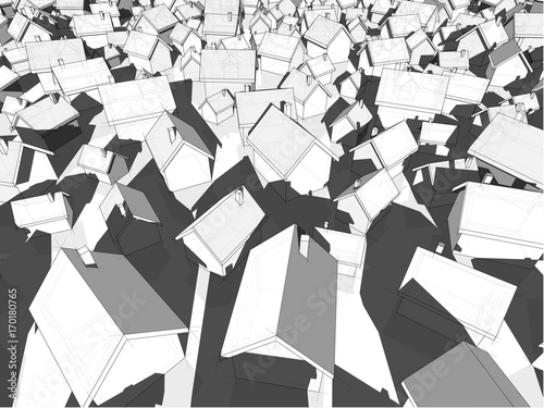 3d illustration of many chaotically standing simple detached houses of different sizes with shadows 