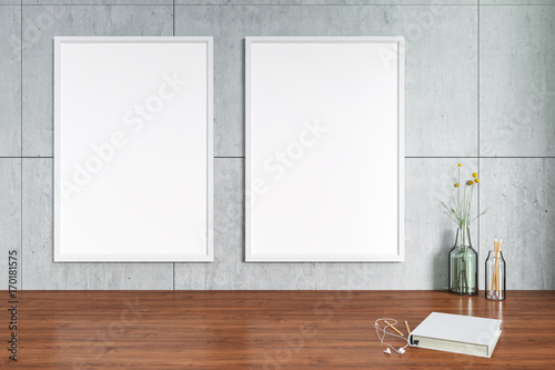 3D Rendering : Illustration of white picture frame mock up on a wooden desk. Mock up white poster interior hipster design. loft cement concrete wall. mock up frame hanging. clipping path included
