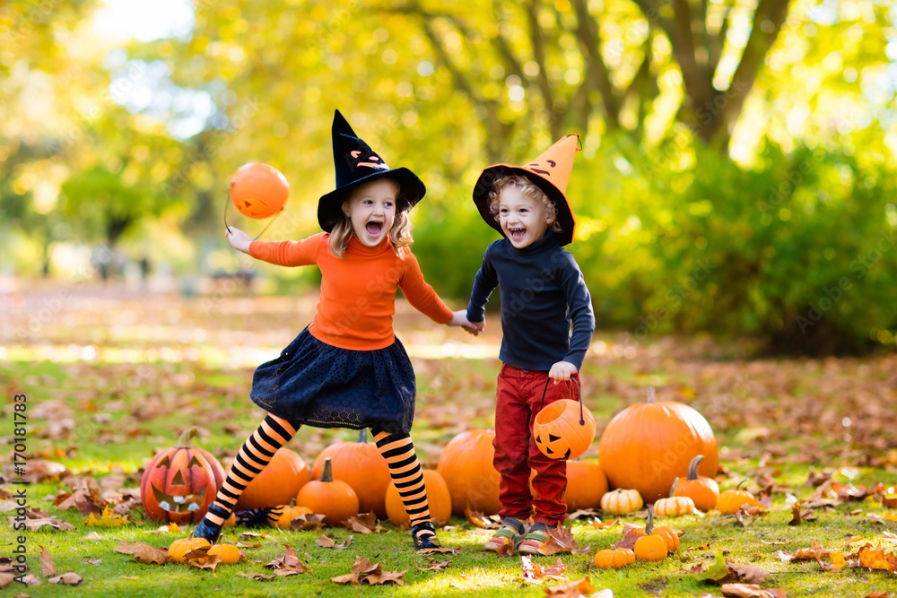 Naklejka premium Kids with pumpkins in Halloween costumes