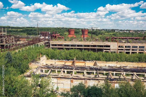 Panoramic aerial view from above to Soviet abandoned factory in Efremov, Russia photo