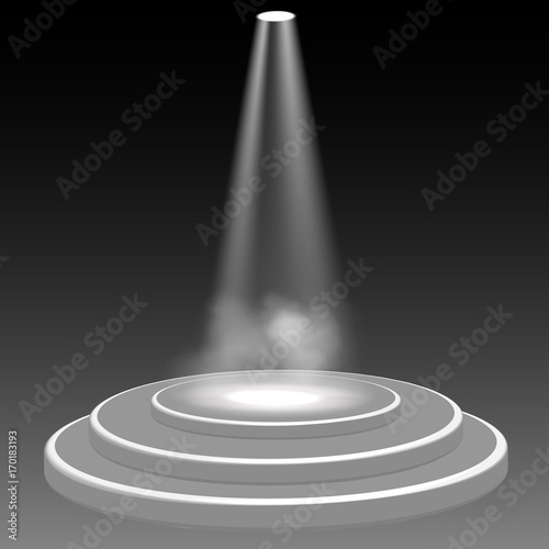 Round podium illuminated by spotlights. Vector Illustration.