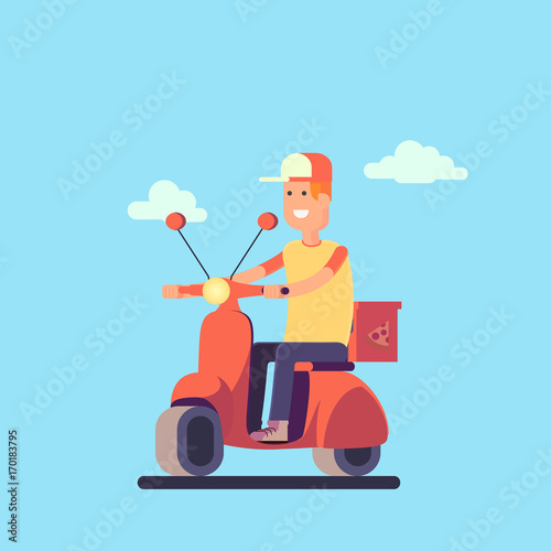 Pizza delivery concept. Delivery man in the bike. Vector flat illustration. © Данил Коршунов