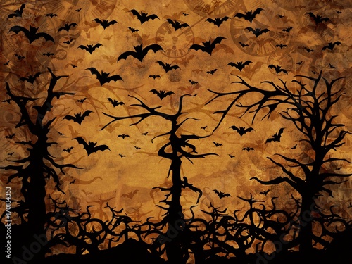 Halloween trees - bats and clocks, sepia background
