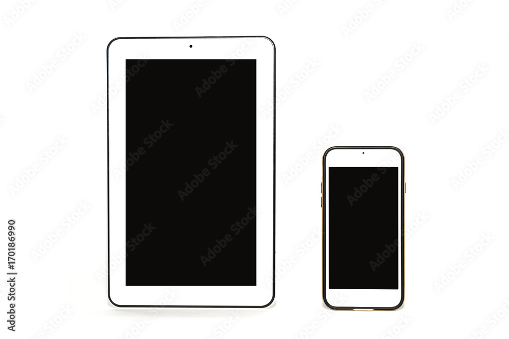 Digital white tablet PC and white mobile phone with blank screen isolated on white background Digital white tablet PC and white mobile phone with blank screen isolated on white background