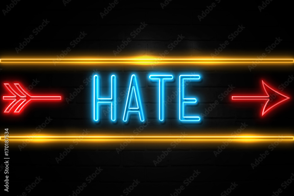 Hate  - fluorescent Neon Sign on brickwall Front view