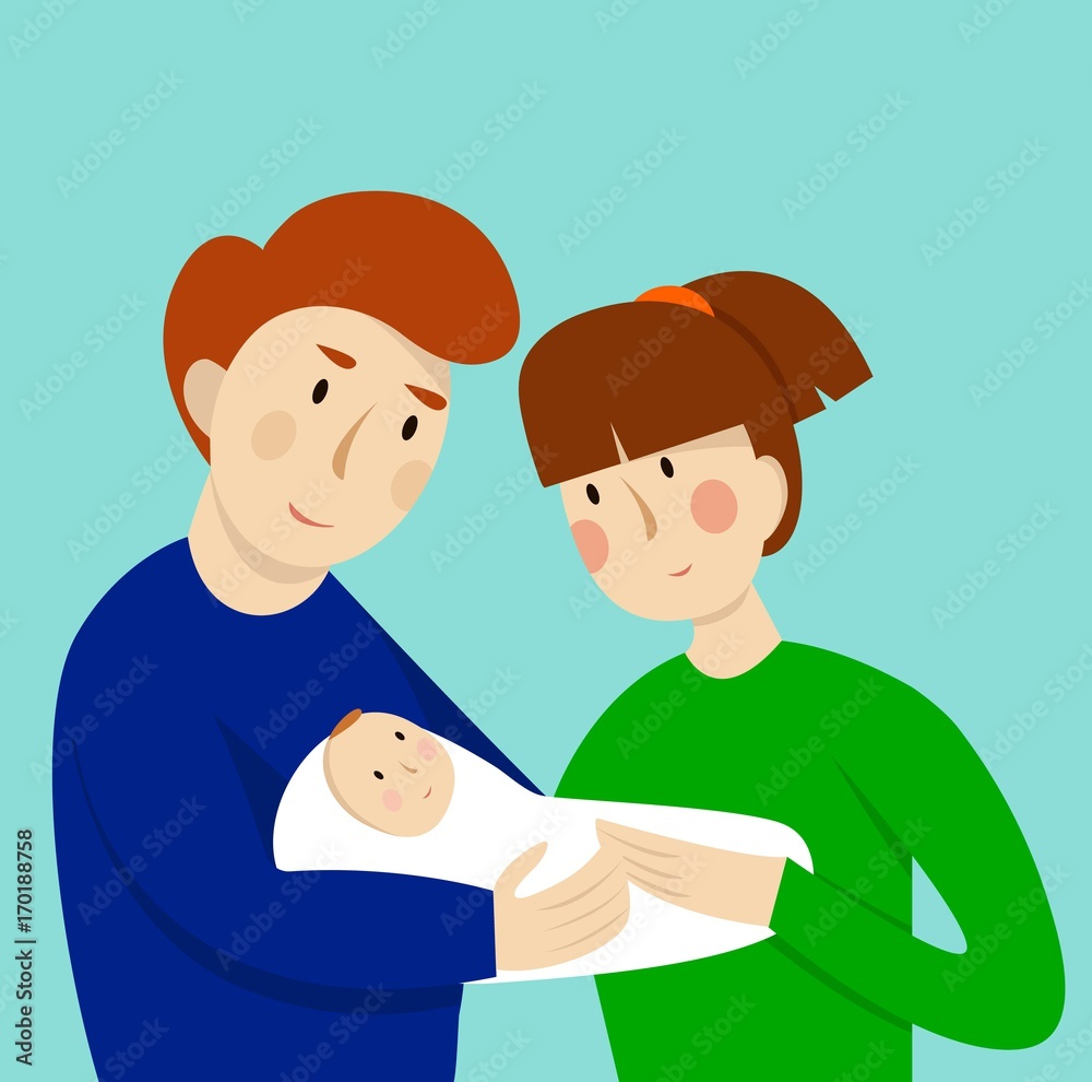 Illustration of couple with baby. Concept of maternity, love and care. Illustration of couple with baby. Concept of maternity, love and care.