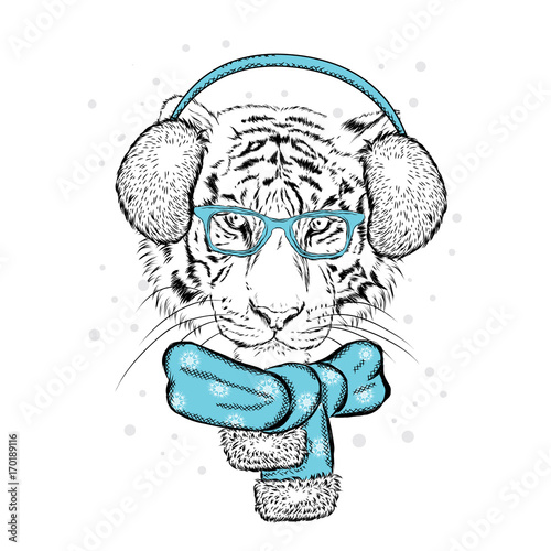 Fototapeta Naklejka Na Ścianę i Meble -  A beautiful tiger in winter headphones and a scarf. Vector illustration for a postcard or a poster. Santa Claus. New Year and Christmas.