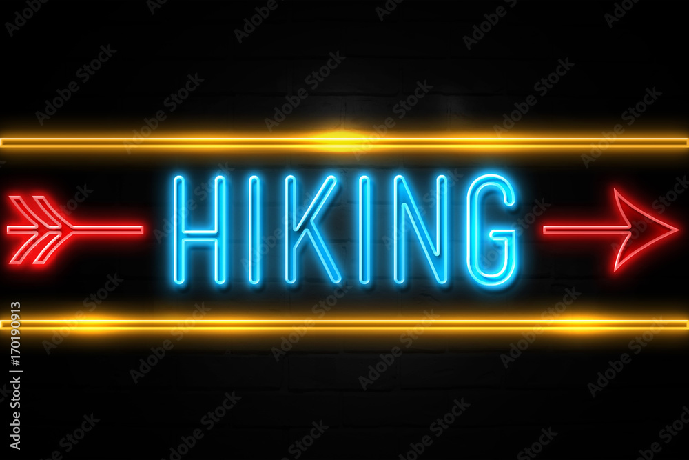 Hiking  - fluorescent Neon Sign on brickwall Front view