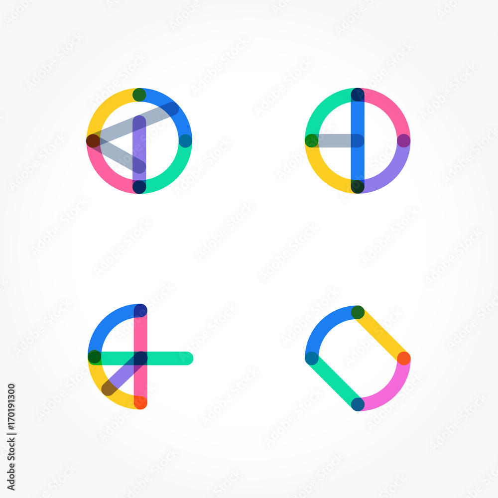 Set of minimal geometric multicolor shapes. Trendy hipster icons and logotypes. Business signs symbols, labels, badges, frames and borders