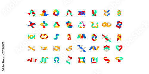 Big set of minimal geometric multicolor symbol set shapes. Trendy icons and logotypes. Business signs symbols, labels, badges, frames and borders