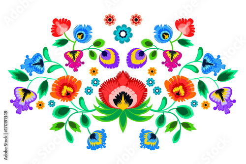 Folk embroidery ornament with flowers. Traditional polish pattern decoration - wycinanka, Wzory Lowickie