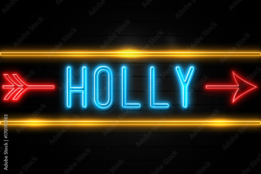 Holly  - fluorescent Neon Sign on brickwall Front view