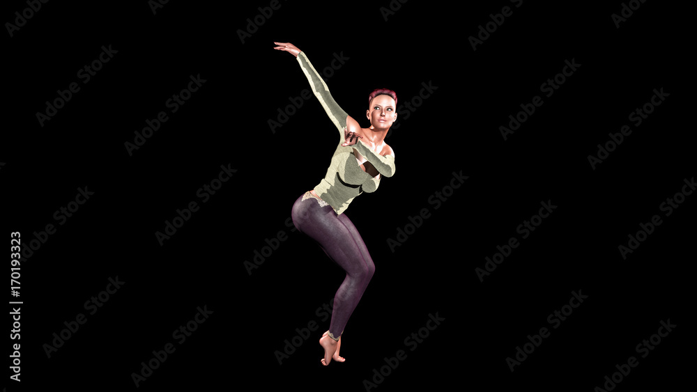 Redhead girl dancing, short haired dancer isolated on black, 3D illustration