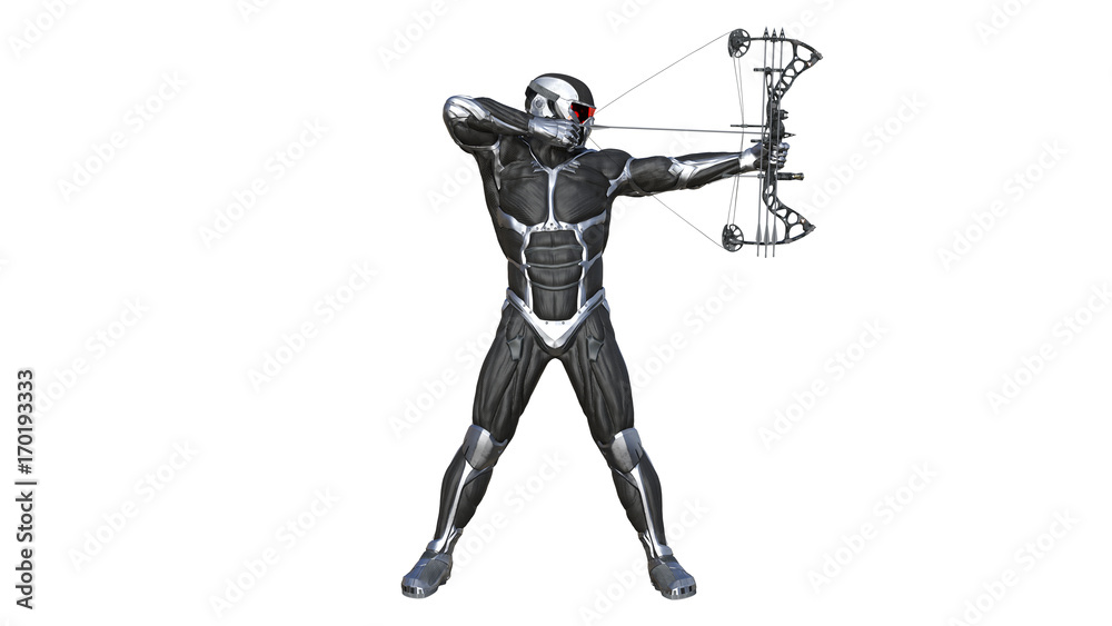 Warrior Archer, futuristic soldier with bow and arrow isolated on white background, 3D illustration Warrior Archer, futuristic soldier with bow and arrow isolated on white background, 3D illustration