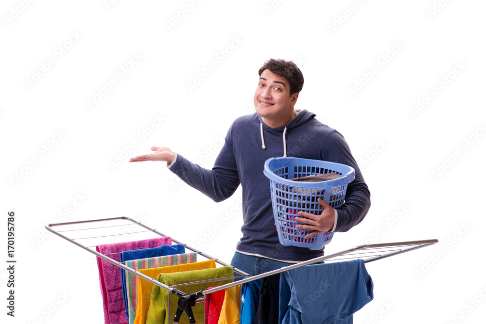 Husband man doing laundry isolated on white
