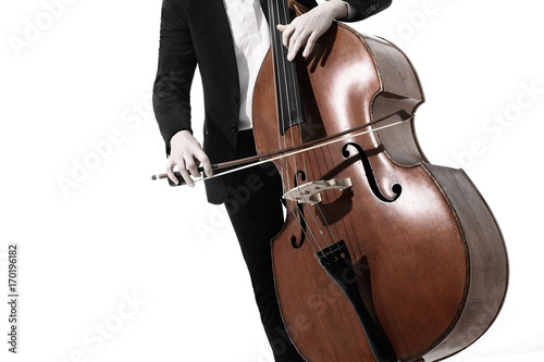 Double bass player. Hands playing contrabass