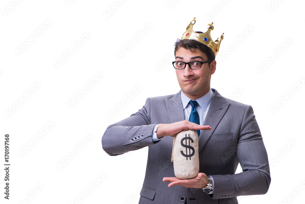 King businessman holding money bag isolated on white background King businessman holding money bag isolated on white background