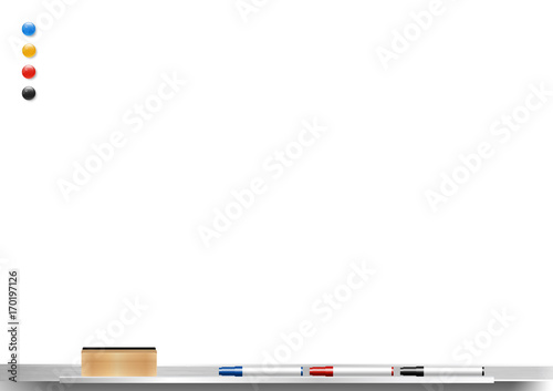 whiteboard background frame with eraser whiteboard, color marker and magnetic, vector illustration