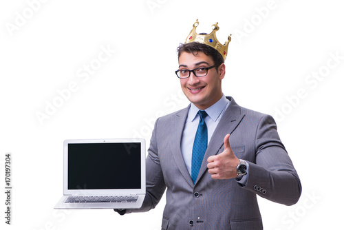 king businessman holding a laptop isolated on white background