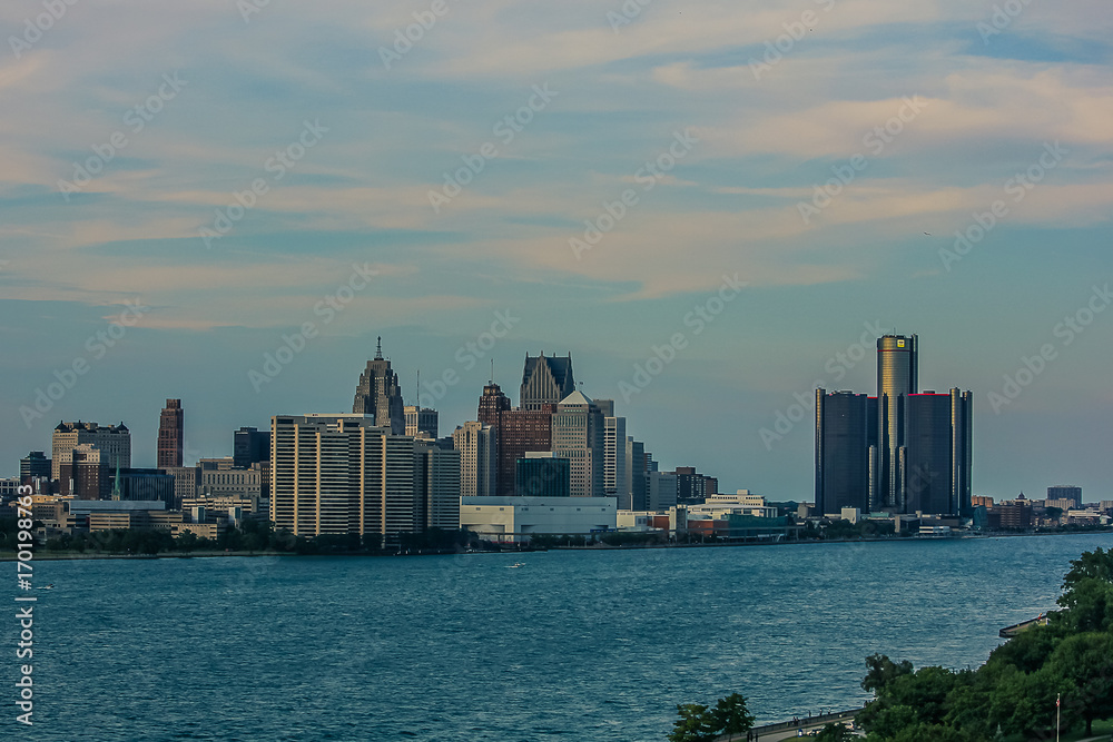 Skyline view of Detroit from Canadian Bridge