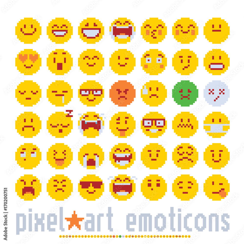 emoticon with various emotions cute faces, pixel art style icons ...