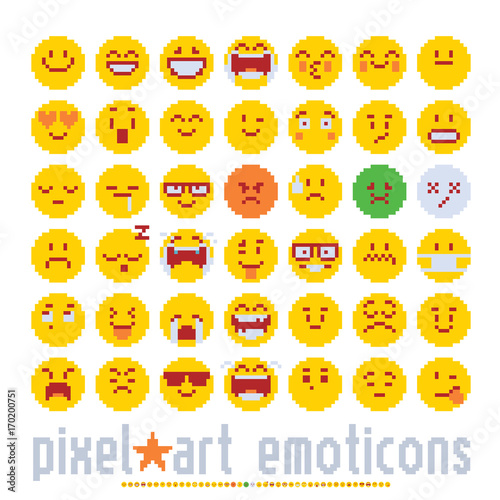 emoticon with various emotions cute faces, pixel art style icons set. colorful vector graphicillustrations isolated on white background.