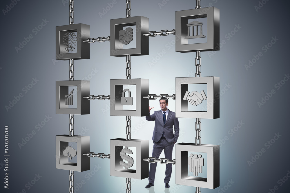 Businessman in blockchain cryptocurrency concept Businessman in blockchain cryptocurrency concept