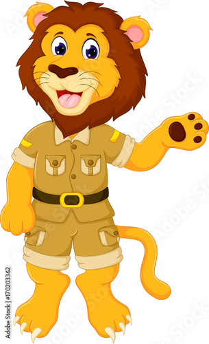 cute lion cartoon waving hand and smiling