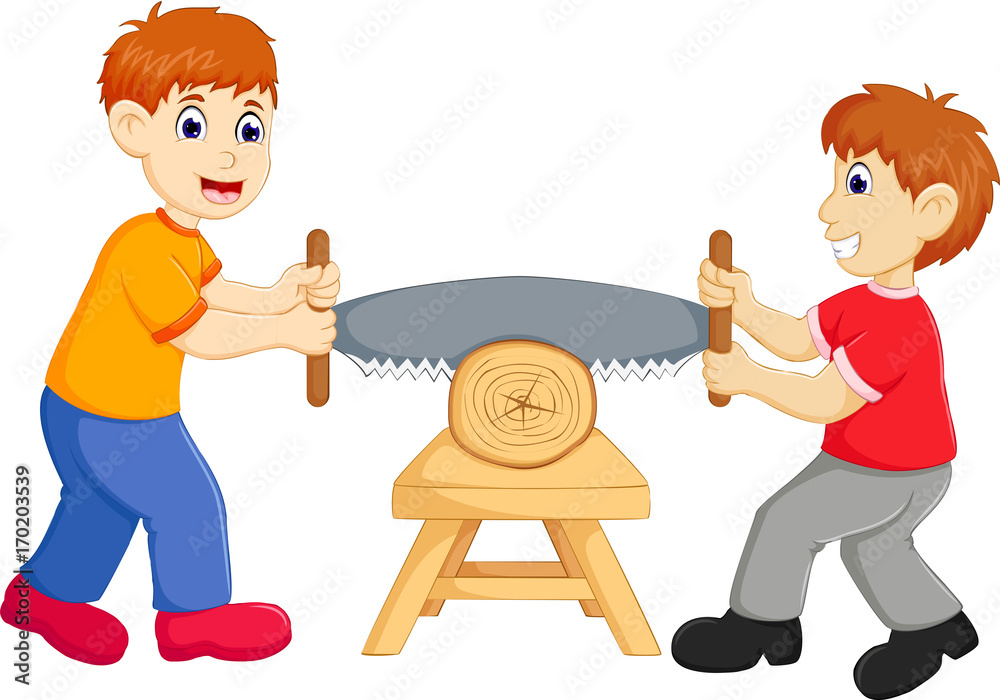 two people cutting tree with hand saw cartoon Stock Vector | Adobe Stock