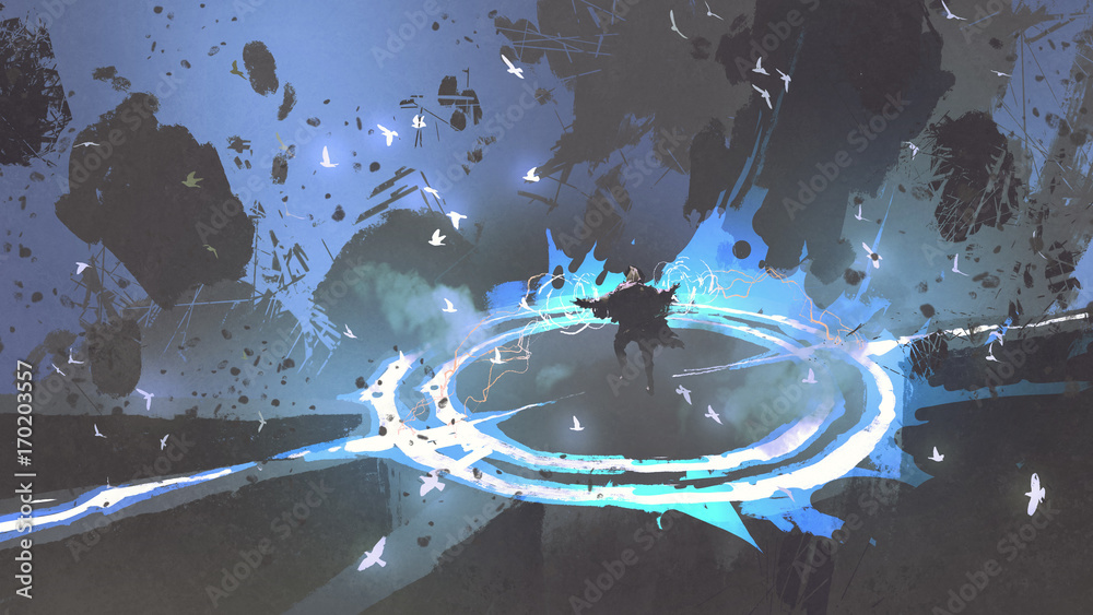 Obraz premium magik wojownik rzucający zaklęcie z niebieskim światłem na ziemię, styl grafiki cyfrowej, malowanie ilustracji