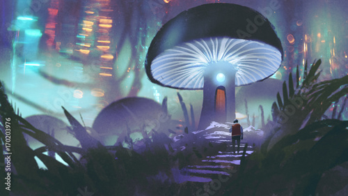Fototapeta Naklejka Na Ścianę i Meble -  man walking toward the glowing mushroom house forest in forest, digital art style, illustration painting